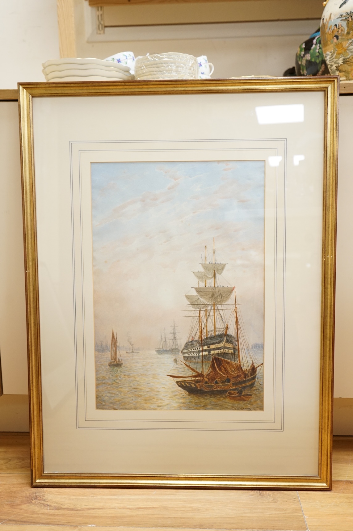 Bernard Benedict Hemy (1844-1910?), pair of watercolours, Frigates and fishing boats at anchor, each signed, 52 x 36cm